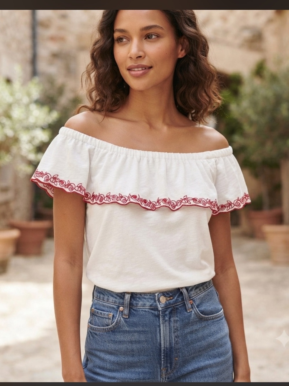 J.Crew White Red Embroidered Off The Shoulder Ruffle Top Blouse Size XL Boho